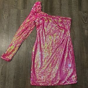 LIKE NEW pink sequin one sleeve mini dress
